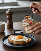 Person adding spice to an egg on toast with a jar of seasoning in a kitchen setting.