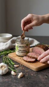 Person seasoning sliced meat with a jar of Fermentalists seasoning on a wooden board.
